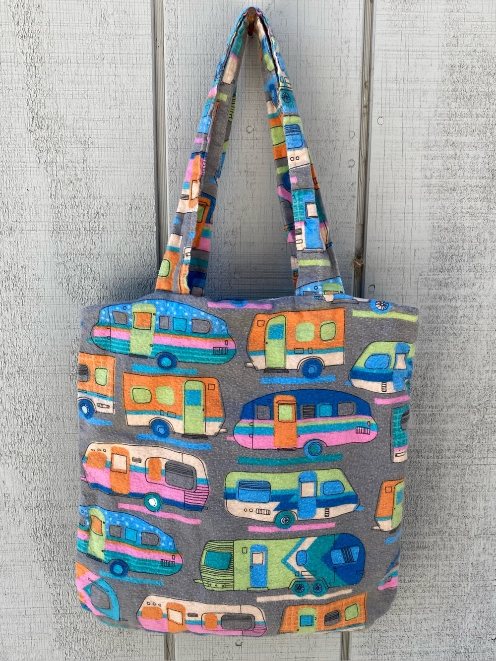 Handmade Grey Travel Trailer Print Lined Multipurpose Tote Bag